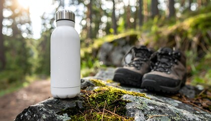 Photorealistic mockup of a blank white matte stainless steel water bottle on a mossy rock with hiking boots in a sunlit forest trail