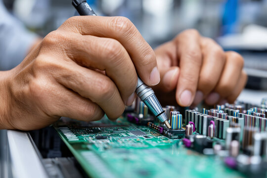 Close Up Technician connecting circuits in electronic engineering