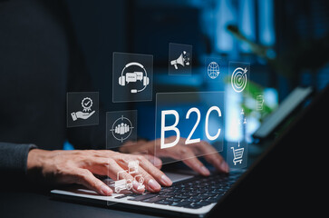B2C Business to Consumer Marketing Concept. Person using laptop with icons for e-commerce, customer service, delivery, targeting, logistics representing online retail strategy and consumer engagement.