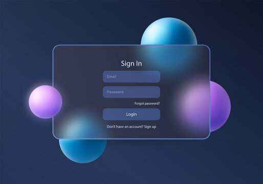 Dark glassmorphism style login form with glowing blue and purple spheres, modern tech mockup for app or website