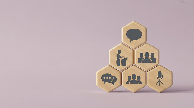 Hexagonal blocks forming a pyramid with icons for public speaking and communication