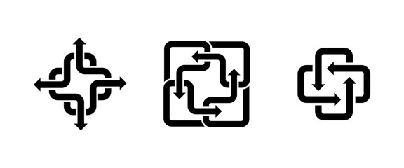 Interlocking curved arrows symbol – multi-direction flow vector icon.