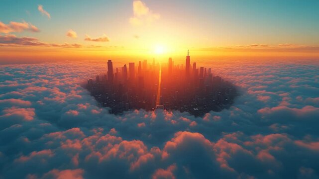 A futuristic city rises from clouds at a golden sunset. Hope, success, ambition. A heavenly utopia, a future dream. For corporate, real estate, and motivational content.