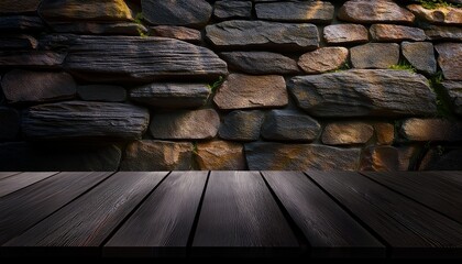 Empty Black Wooden Table Top For Product Display With Blurry Stone Wall Background