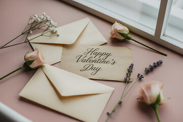 Elegant Valentine's Day greeting with delicate pink roses and vintage envelopes, perfect for romantic sentiments and heartfelt messages this holiday