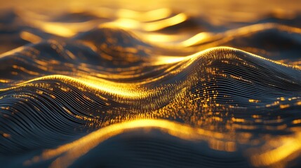 Golden digital waves flowing over abstract surface