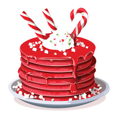 Stack of Bright Red Velvet Pancakes with Whipped Cream and Crushed Candy Cane Toppings for Christmas Dessert - Vector Illustration
