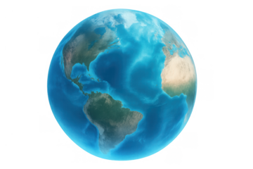 Earth globe showing continents, oceans, and atmosphere, representing global communication and environmental themes on transparent background