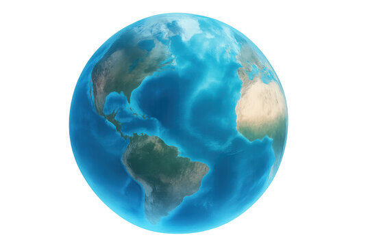 Earth globe showing continents, oceans, and atmosphere, representing global communication and environmental themes on transparent background