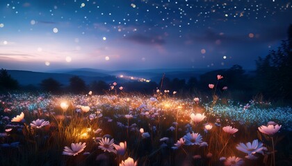 Dreamy Meadow At Night Wildflowers Aglow With Fairy Lights Atmospheric Twilight Scenery