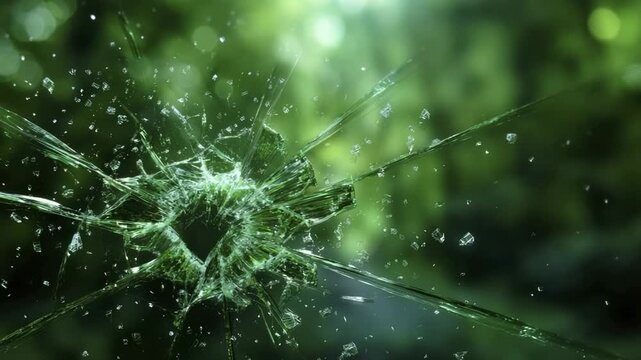 A close-up of a shattered glass pane showing a central impact point radiating cracks and small flying shards against a blurred green backdrop