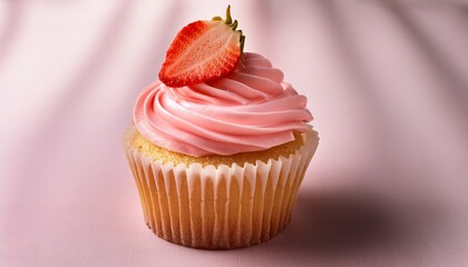 Close Up Angle Of Vanilla Cupcake With Strawberry Center And Pink Glaze Topping