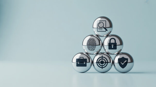 Security and protection concept with icons on metal spheres arranged in a pyramid