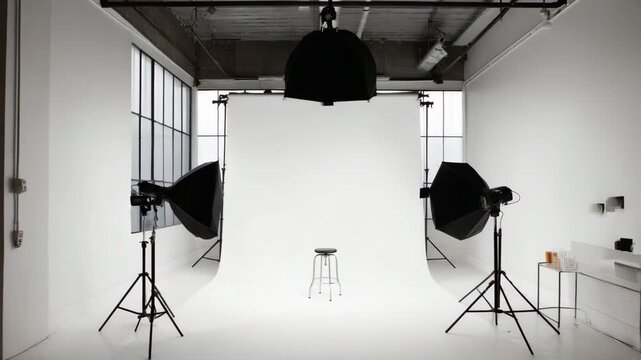 Photography studio setup with lighting equipment and empty backdrop for creative projects