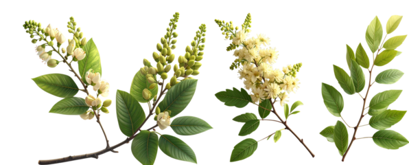 Artistic Arrangement of Blooming Black Locust Twigs with Emerging Leaf Buds, Transparent Background png