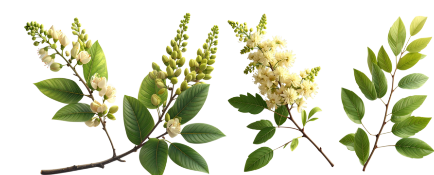Artistic Arrangement of Blooming Black Locust Twigs with Emerging Leaf Buds, Transparent Background png