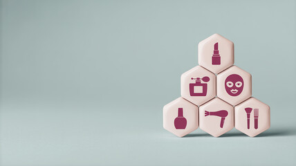 Hexagonal blocks with icons of beauty and cosmetic products