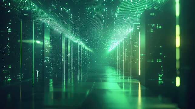 Server racks in data center with glowing digital connection - Powered by Adobe