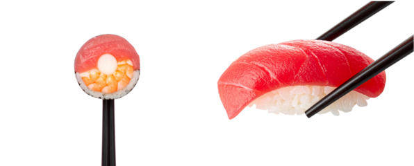 Artistic Flat Lay of Nigiri Lifted by Black Chopsticks in Modern Minimal Style, Transparent Background