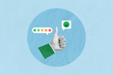 Creative art collage of a thumbs-up hand gesture with a five star rating scale. Customer review, service rating, satisfaction and positive feedback
