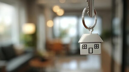 A close-up of a silver house-shaped keychain and key with the blurred interior of a modern home in the background - Powered by Adobe