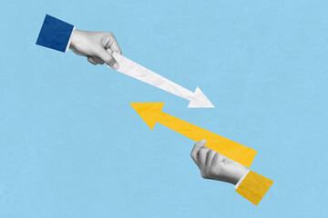 Creative art collage of man hold carry yellow and white arrow point different direction indicates variant option regress progress up down way statistics