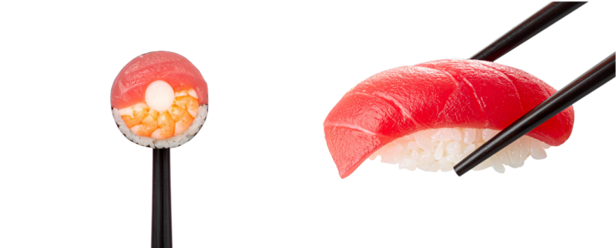 Artistic Flat Lay of Nigiri Lifted by Black Chopsticks in Modern Minimal Style, Transparent Background