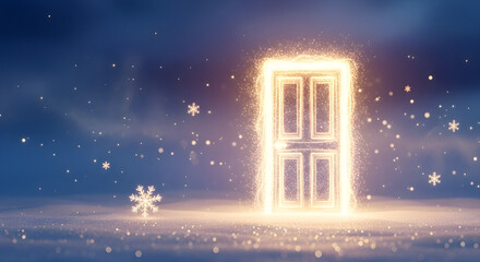 Naklejka premium Magical glowing door in snow with sparkling snowflakes around 