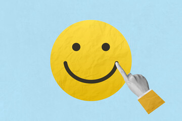 Creative art collage of service rating, positive feedback and satisfaction. Customer is drawing smile face emoticon indicating satisfaction level of service users