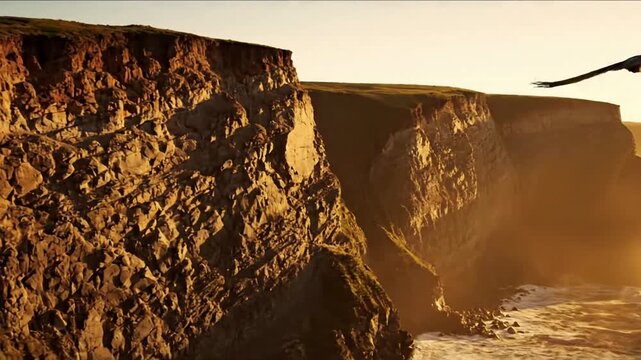 A majestic predatory bird soaring effortlessly on updrafts near a towering cliff edge, emphasizing the vastness of the natural habitat and freedom. Mid shot, tracking