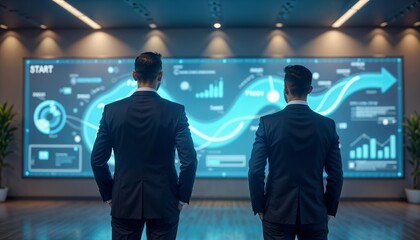Two men in suits stand in front of a large digital screen displaying data analytics and graphs. The setting is modern and professional.