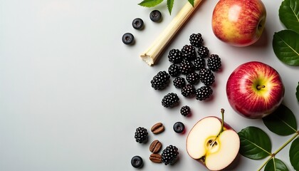 Fresh fruits arranged on a light surface. Includes red apples, blackberries, blueberries, and green leaves. Healthy food concept.