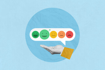 Customer review, service rating, positive feedback satisfaction concept. Hand holding with rating feedback emoticon indicating satisfaction level of service users