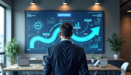 A young Caucasian man in a suit stands in an office, facing a large screen displaying business analytics and growth charts. Plants and desks are visible.