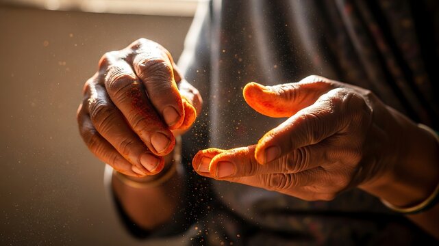 Culinary Traditions: An Indian grandmother sprinkles vibrant spices between her fingers, infusing warmth and flavor into a traditional family recipe.