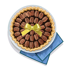 Decadent Pecan Pie in a Flaky Crust Topped with Whole Pecan Halves and a Decorative Yellow Ribbon - Vector Illustration