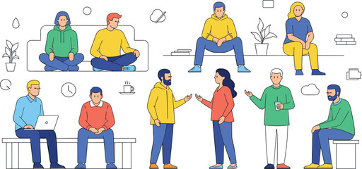 Illustration of diverse people sitting, talking, and working in casual environments, representing communication, teamwork, modern lifestyle, relaxation, collaboration, and social interaction.