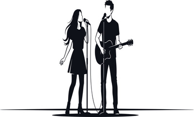Male guitarist and female singer performing together on stage silhouette, musical duo illustration, live concert scene, music performance artwork, band graphic