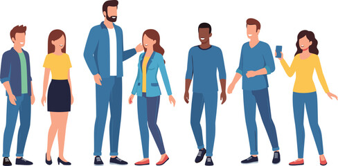 Group of young adults standing together, casual modern clothing, friendly diverse characters illustration, flat vector people, social interaction scene artwork.
