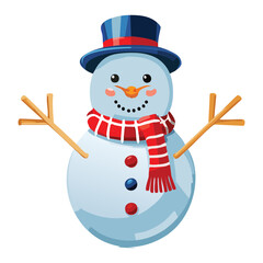 Cheerful and friendly snowman character wearing a striped red scarf and a black top hat, perfect for winter and Christmas projects - Vector Illustration