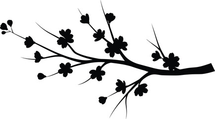 Minimalist Black Silhouette of a Blooming Cherry or Plum Tree Branch with Flowers and Buds, Isolated Vector Design for Oriental and Spring Themes.
