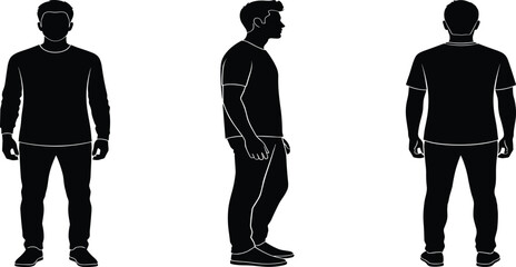 Male silhouette front side back poses, standing figure reference illustration, black outline character views, posture study graphic, human pose rotation