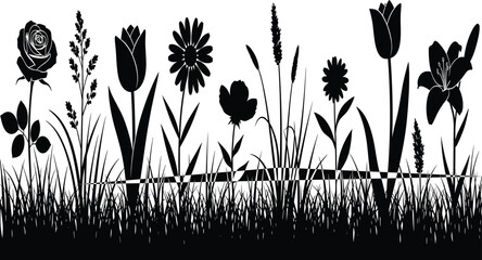 Detailed Black and White Silhouette Border of Various Spring Flowers, Including Roses, Lilies, and Grasses, Representing Nature, Garden, and Floral Design.