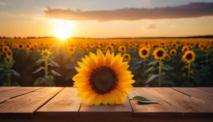 Wooden Table With A Single Sunflower In Focus Against A Blurred Background Of A Sunflower Field At Sunset