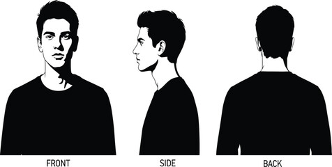 Male silhouette front side back view illustration, profile reference poses, black and white character outline, hairstyle reference, human figure rotation graphic