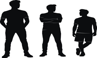 Silhouettes of three men standing, casual male poses, modern fashion outlines, isolated figures, black silhouettes on white background, minimal style illustration.