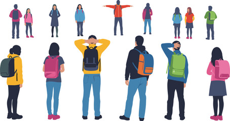 Set of Diverse Students with Backpacks Standing in Various Poses, Showing Different Angles and Styles, Isolated on White Background, Education Concept, High School, College.