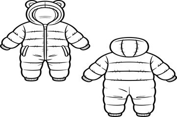 Black and white line art illustration of two puffy baby snowsuits, hooded winter jumpsuit drawing, infant warm clothes technical design, newborn outerwear apparel vector isolated.