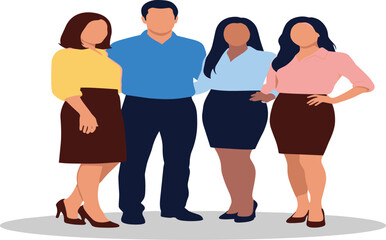 Diverse Group of Four Business Professionals Standing Together and Smiling, Representing Teamwork, Corporate Diversity, Success, and Modern Business Concepts.