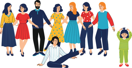 Diverse Group of People Holding Hands in Unity, Support, and Friendship While One Person Falls, Isolated Child Watching, Concept of Exclusion, Teamwork, and Social Issues.